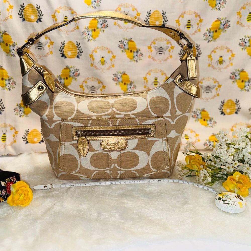 Coach Signature Tan and Gold Shoulder Bag